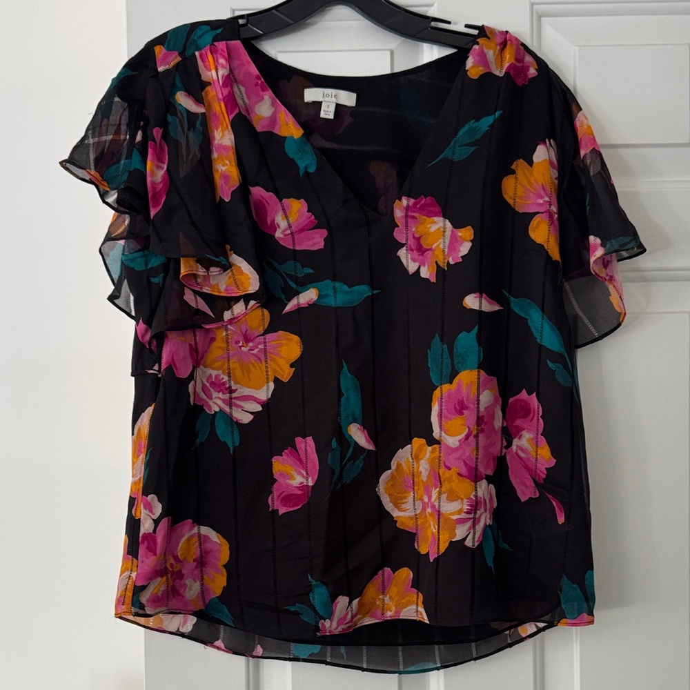Joie Black Floral Ruffle Blouse
